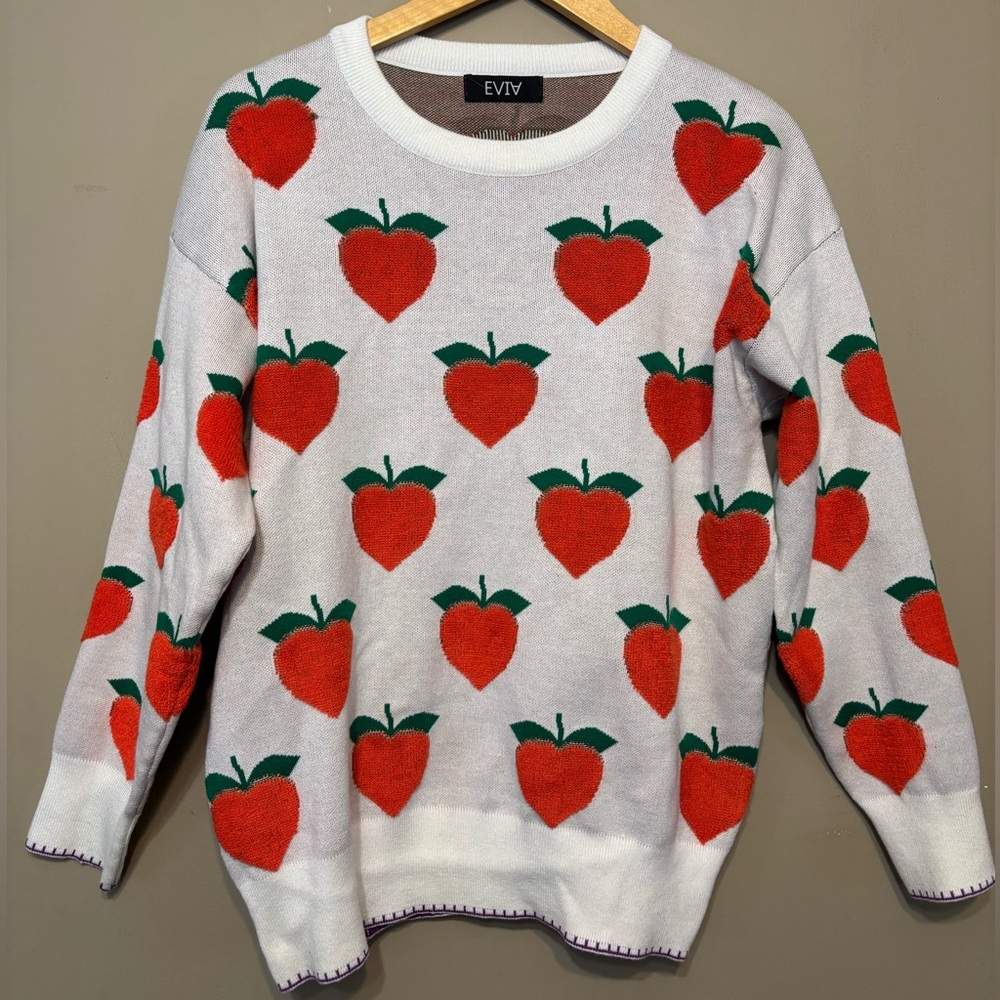 EVIA European Unique Knit Sweater with Fuzzy Embroidered Strawberries Design